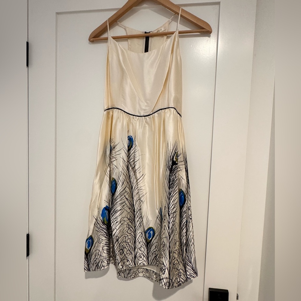 Matty M Peacock Cream Dress with Blue Accents